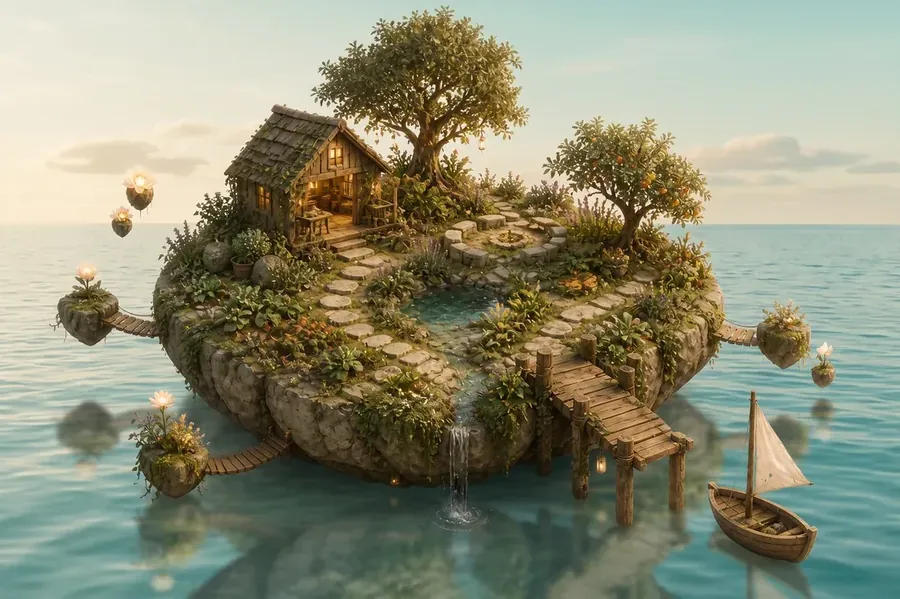 Dieselbe Insel, voll bewachsen mit Bäumen, Wasser und Brücken
