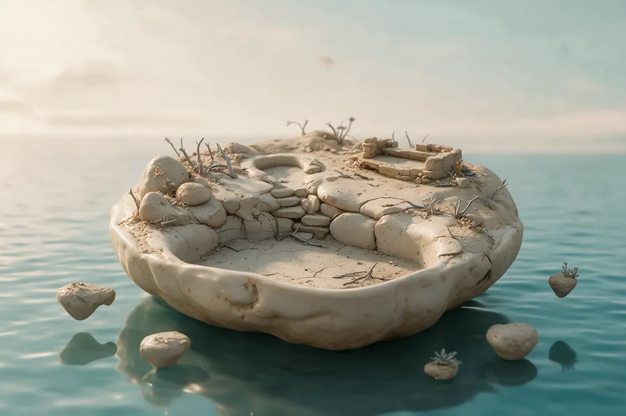 Eine kahle Felsinsel im Meer mit leerem Steinbecken – der Anfang