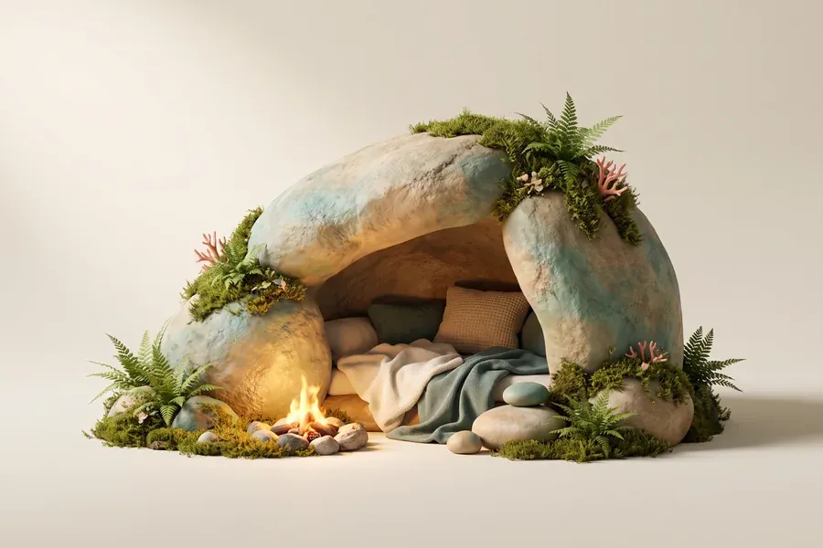 Eine Höhle aus moosbewachsenen Felsen, drinnen ein Lager mit Kissen und ein kleines Feuer