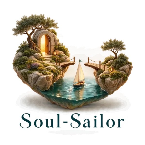 Soul-Sailor: zwei Inselhälften, durch Brücken verbunden, dazwischen ein Boot